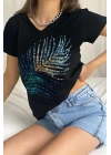 Kadın Siyah V Yaka Kısa Kollu Pamuklu Palmiye Yaprağı Payet İşlemeli Bohem Tişört