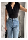Kadın Siyah Vatkalı Çıtçıtlı Bodysuit