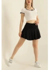 Kadın Siyah Yüksek Bel Toparlayıcı İçi Şortlu Kloş Kesim Mini Spor Tenis Eteği Skort