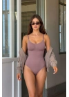 Kadın Gül Kurusu İnce Askılı Dikişsiz Toparlayıcı Seamless U Yaka Fitilli Çıtçıtlı Atlet Body