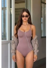 Kadın Gül Kurusu İnce Askılı Dikişsiz Toparlayıcı Seamless U Yaka Fitilli Çıtçıtlı Atlet Body