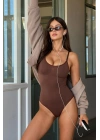 Kadın Kahverengi İnce İp Askılı Dikişsiz Toparlayıcı U Yaka Çıtçıtlı Likralı Body