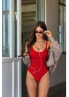Kadın Kırmızı İnce İp Askılı Fitilli Kaşkorse U Yaka Çıtçıtlı Likralı Tanga Body