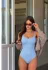 Kadın Mavi Fitilli Kaşkorse İnce Askılı U Yaka Esnek Çıtçıtlı Body Atlet