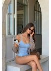 Kadın Mavi Fitilli Kaşkorse İnce Askılı U Yaka Esnek Çıtçıtlı Body Atlet