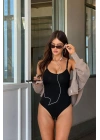 Kadın Siyah İnce Askılı U Yaka Alttan Çıtçıtlı Body Likralı Esnek Dikişsiz Bodysuit