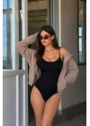 Kadın Siyah İnce Askılı U Yaka Alttan Çıtçıtlı Body Likralı Esnek Dikişsiz Bodysuit