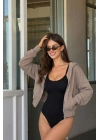 Kadın Siyah İnce Askılı U Yaka Alttan Çıtçıtlı Body Likralı Esnek Dikişsiz Bodysuit