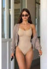 Kadın Ten Rengi Fitilli İnce Askılı U Yaka Dikişsiz Toparlayıcı Çıtçıtlı Kaşkorse Body