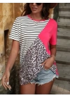 Kadın Süprem Kumaş Leopar Desenli Ve Cizgili Oversize Bluz