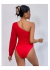 bysoca Kadın Kırmızı Tek Omuz Asimetrik Kesim Büzgülü Balon Kol Sandy Kumaş Tanga Bodysuit