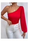 bysoca Kadın Kırmızı Tek Omuz Asimetrik Kesim Büzgülü Balon Kol Sandy Kumaş Tanga Bodysuit