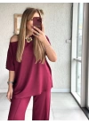 Kadın Tek Omuzdan Açık Geniş Kesim Viskon Iki Iplik Bluz Ve Pantolon Ikili Takım