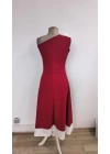 Kadın Tek Omuzu Açık Omuzlardan Kurdela Detaylı çift Renkli Ithal Krep Elbise