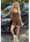 Kadın Kahverengi İnce Askılı Biker Şortlu Dikişsiz Toparlayıcı Spor Body Tulum