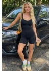 Kadın Siyah İnce Askılı Şortlu Body Dikişsiz Toparlayıcı Biker Tayt Tulum Korse Etkili