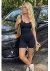 Kadın Siyah İnce Askılı Şortlu Body Dikişsiz Toparlayıcı Biker Tayt Tulum Korse Etkili