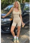 Kadın Ten İnce Askılı Fitilli Şortlu Body Dikişsiz Toparlayıcı Biker Spor Tulum