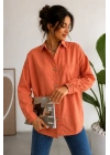 Kadın Turuncu Pamuklu Keten Tek Cepli Ahşap Düğmeli Bohem Oversize Gömlek
