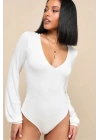 Kadın Beyaz Geniş U Yaka Uzun Balon Kol Vücudu Saran Çift Kat İpek Jarse Basic Tanga Bodysuit