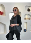 Kadın Uzun Kol Asimetrik Kesim Viskon Bluz Ve çatlak Deri Görünümlü Fermuar Detaylı Yelek Ikili Takım