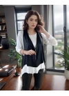 Kadın Uzun Kol Asimetrik Kesim Viskon Bluz Ve çatlak Deri Görünümlü Fermuar Detaylı Yelek Ikili Takım
