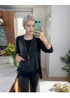 Kadın Uzun Kol Asimetrik Kesim Viskon Bluz Ve çatlak Deri Görünümlü Fermuar Detaylı Yelek Ikili Takım