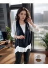 Kadın Uzun Kol Asimetrik Kesim Viskon Bluz Ve çatlak Deri Görünümlü Fermuar Detaylı Yelek Ikili Takım