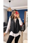 Kadın Uzun Kol Asimetrik Kesim Viskon Bluz Ve çatlak Deri Görünümlü Fermuar Detaylı Yelek Ikili Takım