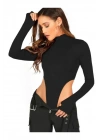 bysoca Kadın Siyah Balıkçı Yaka Uzun Kollu Parmak Geçmeli Fitilli Yanı Yüksek Kesim Tanga Bodysuit