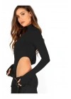 bysoca Kadın Siyah Balıkçı Yaka Uzun Kollu Parmak Geçmeli Fitilli Yanı Yüksek Kesim Tanga Bodysuit