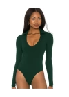 bysoca Kadın Koyu Yeşil Gömlek Yaka V Yaka Uzun Kollu Fitilli Kaşkorse Tanga Bodysuit