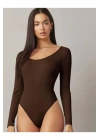 bysoca Kadın Kahverengi Geniş U Yaka Uzun Kollu Fitilli Kaşkorse Vücudu Saran Tanga Basic Bodysuit