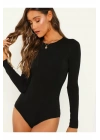 bysoca Kadın Siyah Geniş U Yaka Uzun Kollu Vücudu Saran Sandy Kumaş Tanga Basic Bodysuit