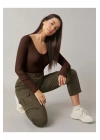 bysoca Kadın Kahverengi Geniş U Yaka Uzun Kollu Fitilli Kaşkorse Vücudu Saran Tanga Basic Bodysuit
