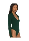 bysoca Kadın Koyu Yeşil Gömlek Yaka V Yaka Uzun Kollu Fitilli Kaşkorse Tanga Bodysuit