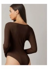 bysoca Kadın Kahverengi Geniş U Yaka Uzun Kollu Fitilli Kaşkorse Vücudu Saran Tanga Basic Bodysuit