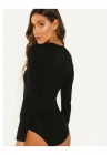 bysoca Kadın Siyah Geniş U Yaka Uzun Kollu Vücudu Saran Sandy Kumaş Tanga Basic Bodysuit