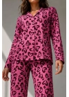 Kadın Lila Kalp Desenli Uzun Kollu Düğmeli Gömlek Yaka Pantolonlu Pijama Takımı