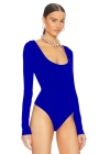 bysoca Kadın Saks Mavisi U Yaka Uzun Kollu İpek Jarse Vücudu Saran Basic Bodysuit