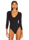 bysoca Kadın Siyah V Yaka Uzun Kol Vücudu Saran Jarse Tanga Basic Bodysuit