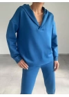 Kadın Uzun Kol V Yaka Kapüşon Detay Sweat Ve Yüksel Bel Eşofman Ikili Takım