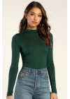 bysoca Kadın Koyu Yeşil Balıkçı Yaka Uzun Kollu Vücudu Saran Sandy Kumaş Tanga Basic Bodysuit