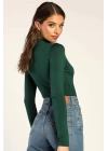 bysoca Kadın Koyu Yeşil Balıkçı Yaka Uzun Kollu Vücudu Saran Sandy Kumaş Tanga Basic Bodysuit