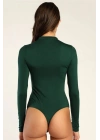 bysoca Kadın Koyu Yeşil Balıkçı Yaka Uzun Kollu Vücudu Saran Sandy Kumaş Tanga Basic Bodysuit