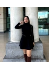 bysoca Kadın Uzun Kollu Balıkçı Yaka Bele Oturan Kloş Etekli Yumuşak Akrilik Triko Elbise - Siyah