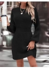 Kadın Uzun Kollu Bisiklet Yaka Balon Kol Bel Lastik Detay Triko Mini Boy Elbise