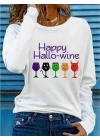bysoca Kadın Uzun Kollu Bisiklet Yaka Happy Hallowine Baskılı Rahat Viskon Bluz Sweatshirt - Beyaz