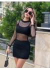 Kadın Uzun Kollu Bisiklet Yaka File Alt üst Dalgıç üçlü Takım