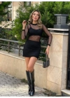 bysoca Kadın Uzun Kollu File Bluz Büstiyer ve Mini Etek Vücudu Saran Üçlü Takım - Siyah